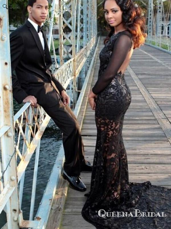 Black Scoop See Through Backless Long Cheap Lace Prom Dresses, QB0658