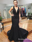 Black Deep V-Neck Satin Long Mermaid Evening Prom Dresses, QB0573