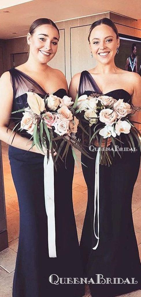 Elegant Charming One-Shoulder Black Long Mermaid Cheap Bridesmaid Dresses, BDS0038