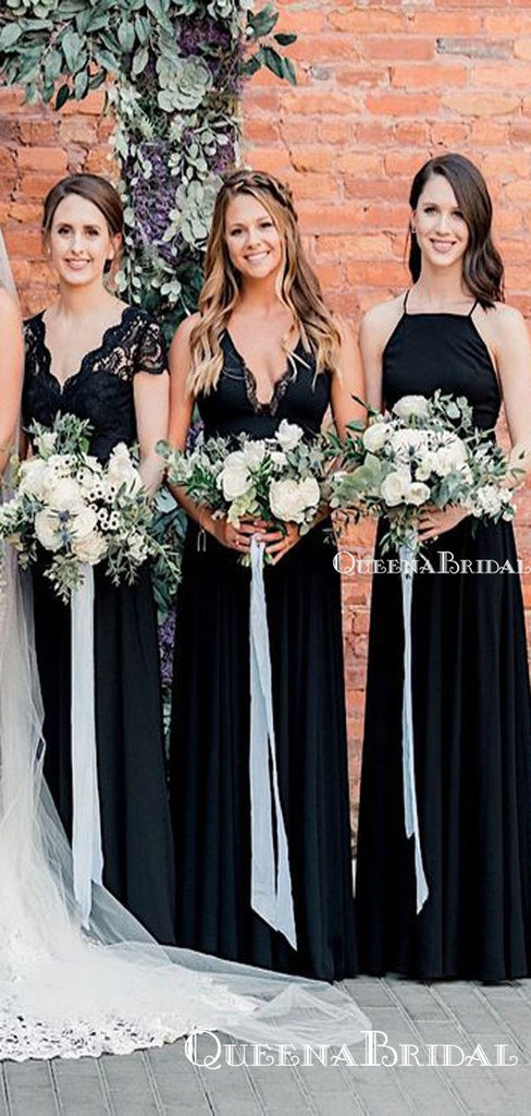 Mismatched Black Chiffon A-line Long Cheap Wedding Bridesmaid Dresses, BDS0017