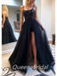 Sexy Black A-line Spaghetti Straps High Slit Maxi Long Prom Dresses,WGP278