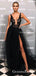 Sexy V-neck Straps Black Tulle Lace Appliqued Side Slit A-line Long Cheap Prom Dresses, PDS0068