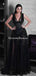 A-line Black V-neck Lace Long Cheap Evening Party Prom Dresses, PDS0095