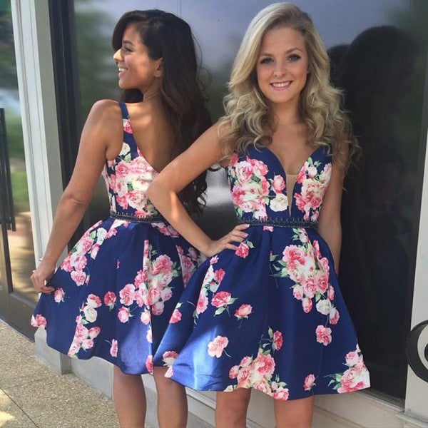 Sexy V-Neck Straps Short Cheap Floral Print Satin Homecoming Dresses, QB0192