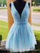 Cute A Line Deep V Neck Blue Short Homecoming Dresses With Beading, QB0894