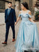 Elegant A-Line Off the Shoulder Blue Satin Long Prom Dresses, QB0570