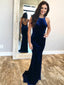 Sexy Blue Velvet Mermaid Long Cross Back Evening Prom Dresses, QB0468