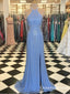 2019 Sheath Crew Long Light Blue Prom Dresses with Beading Split, QB0512