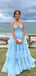 Cute Blue A-line Spaghetti Straps V-neck Maxi Long Prom Dresses,WGP279