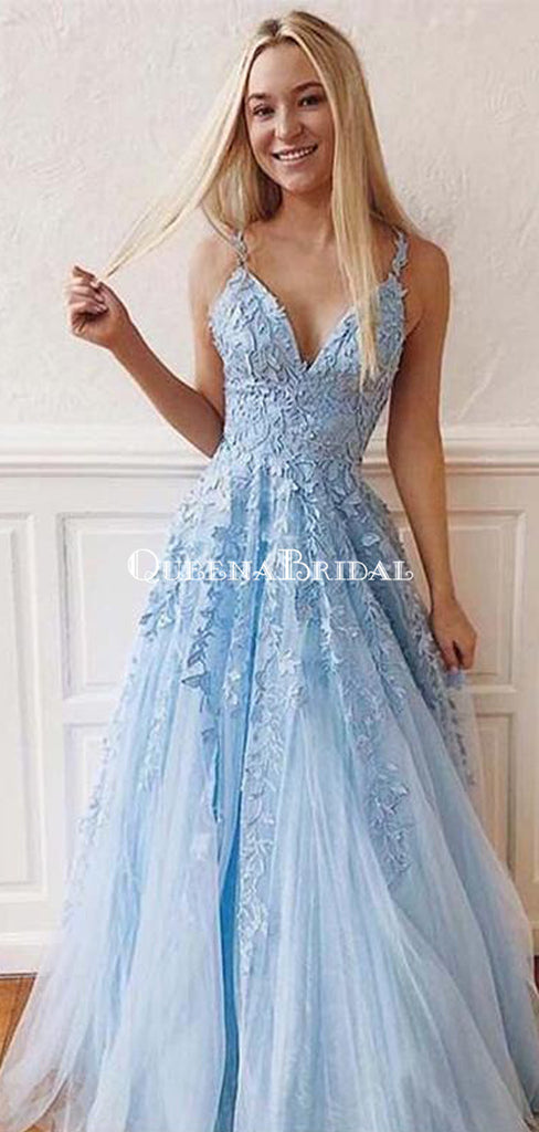 Cheap Blue Lace A-line Long Evening Prom Dresses, Evening Party Prom Dresses, PDS0083