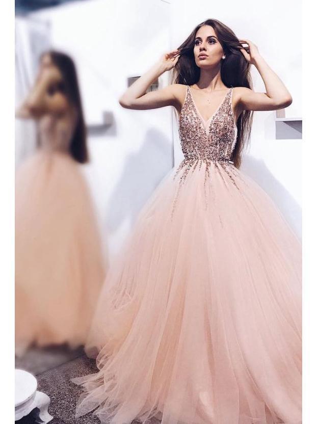 Blush Pink Prom Dresses Beaded V Neck Tulle Ball Gown Prom Dresses, QB0300