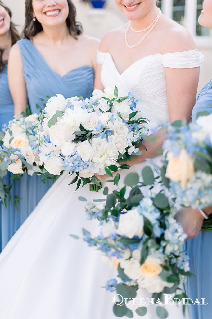 Simple Charming One Shoulder Blue Chiffon A-line Long Cheap Floor-Length Bridesmaid Dresses, BDS0034