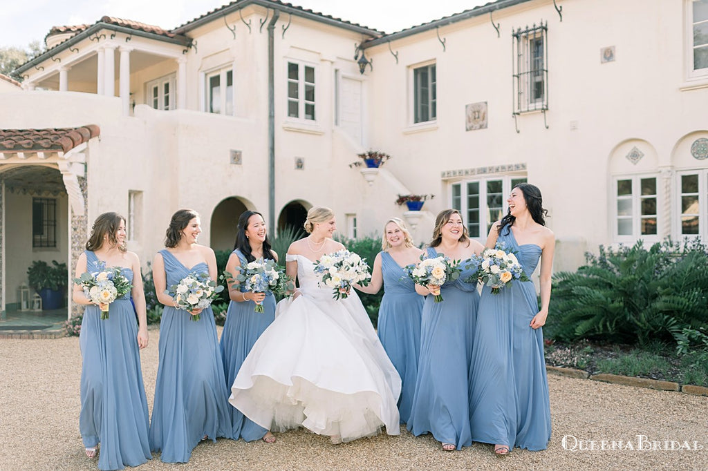 Simple Charming One Shoulder Blue Chiffon A-line Long Cheap Floor-Length Bridesmaid Dresses, BDS0034