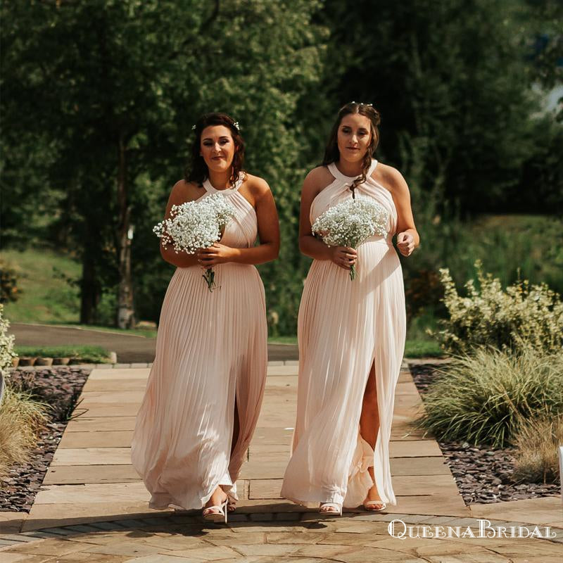 Simple Charming Hlater Round Neck Sleeveless Blush Pink Chiffon Long Cheap Bridesmaid Dresses, QB0941