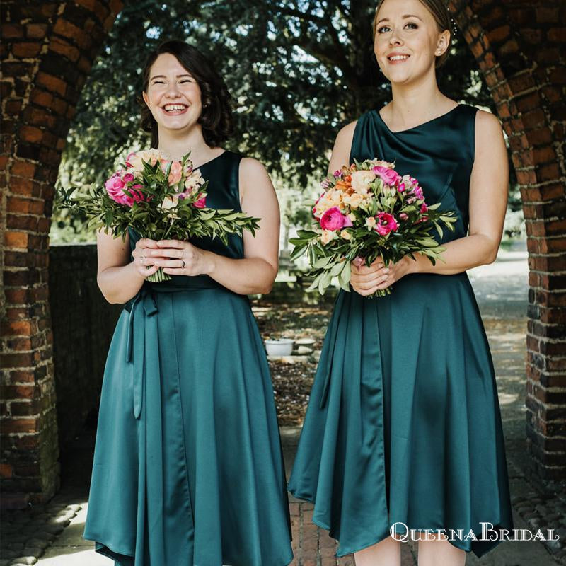 Charming Elegant Round Neck Sleeveless Teal Elastic Silk A-line Short Cheap Bridesmaid Dresses, BDS0001