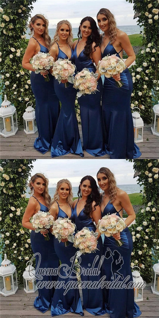 2018 Blue Mermaid V Neck Custom Long Bridesmaid Dresses, WG226