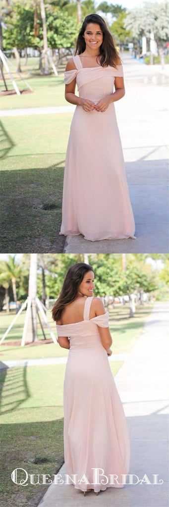 Pink Off Shoulder Sleeveless A Line Ruffles Chiffon Bridesmaid Dresses, QB0850