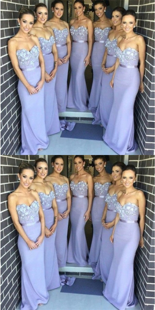 Elegant Mermaid Sweetheart Lavender Satin Bridesmaid Dresses with Appliques, QB0141