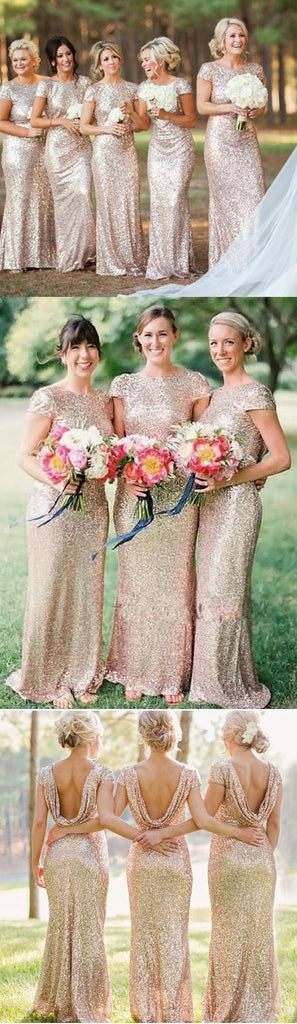 Best Sale Cap Sleeve Sequin Mermaid  Gold Bridesmaid Dresses, Long bridesmaid Dresses Online, QB0001