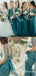 A-Line V-Neck Long Cheap Turquoise Tulle Bridesmaid Dresses, QB0702