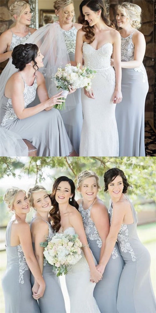 Mermaid Round Neck Long Cheap Grey Chiffon Bridesmaid Dresses with Lace, QB0127