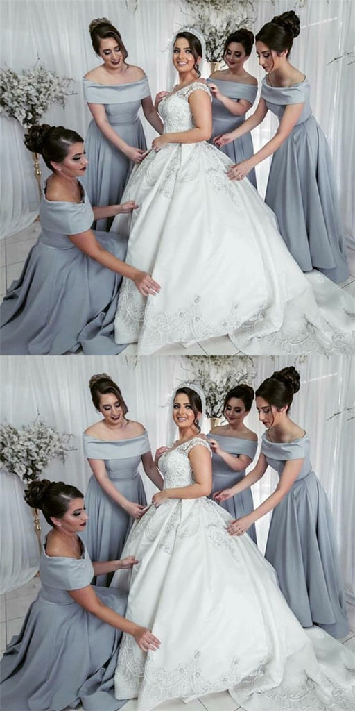 A-Line Off Shoulder Long Cheap Grey Satin Bridesmaid Dresses Online, QB0021