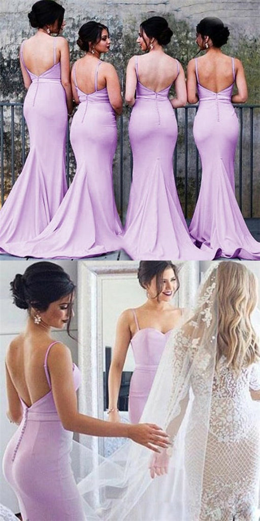 Mermaid Spaghetti Strap Long Cheap Lavender Satin Bridesmaid Dresses Online, QB0152