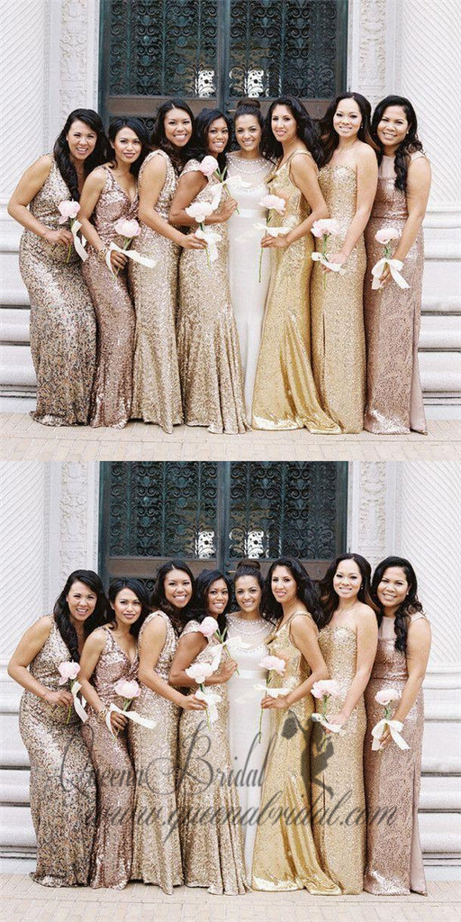 Long Sleeves Gold Sequin Mermaid Cheap Long Bridesmaid Dresses Online, WG256