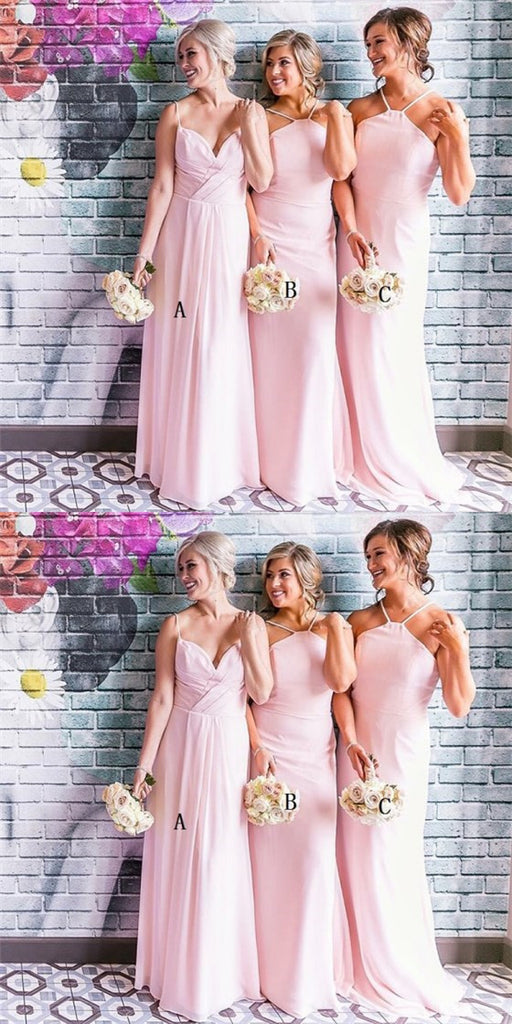 Mismatched Spaghetti Straps Long Pink Chiffon Cheap Bridesmaid Dresses Online, QB0010