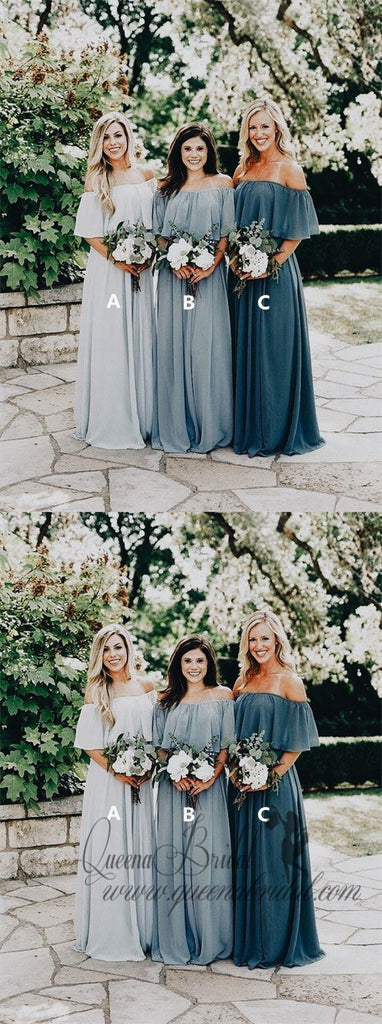 Cheap Off Shoulder Chiffon Custom Long Bridesmaid Dresses, WG239