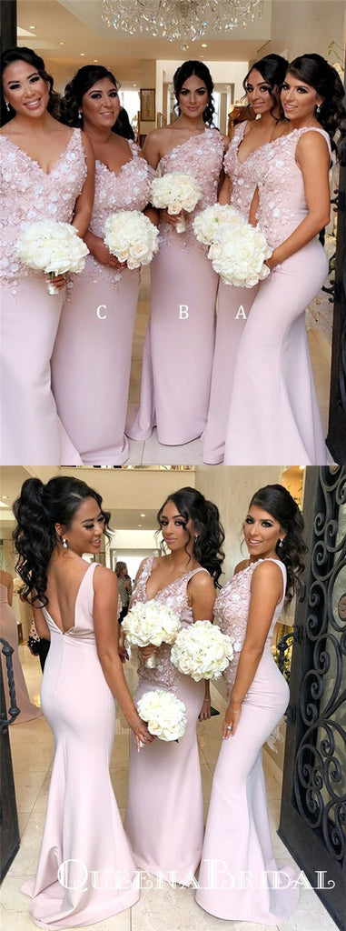 Mermaid V-Neck Long Pink Satin Bridesmaid Dresses with Appliques, QB0704