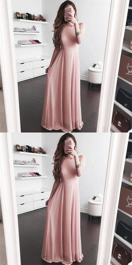 Pretty Bateau Sleeveless Long Cheap Pink Chiffon Bridesmaid Dresses Online, QB0142