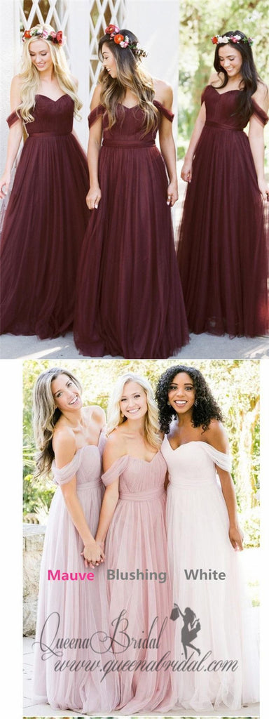 Off Shoulder Tulle A-line Custom Long Bridesmaid Dresses, WG234