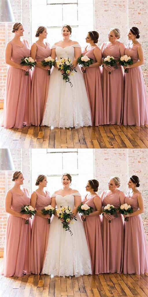 Sexy V-Neck Long Cheap Blush Pink Chiffon Bridesmaid Dresses Online, QB0121