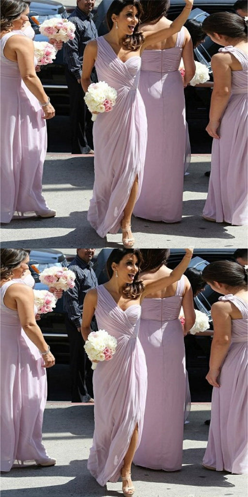 Elegant One Shoulder Long Cheap Lilac Chiffon Bridesmaid Dresses Online, QB0167