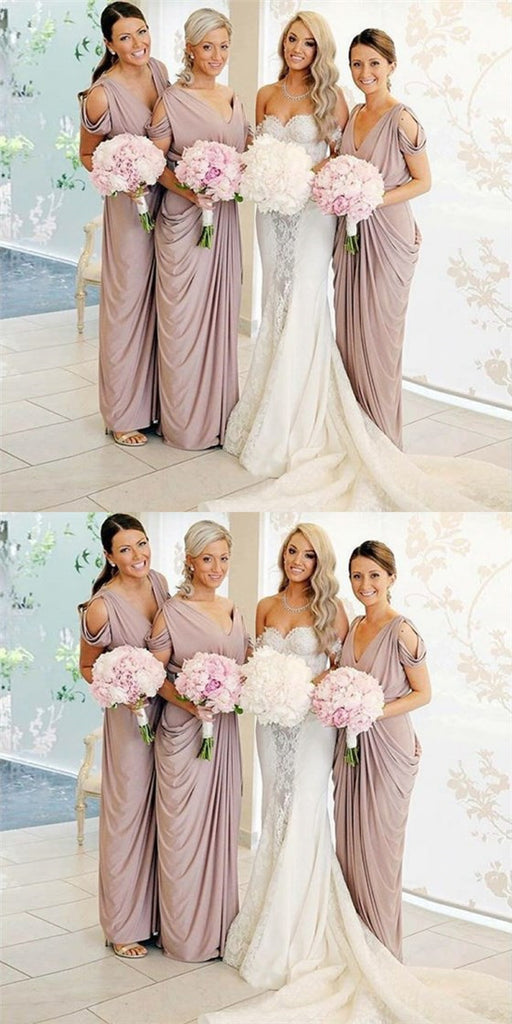 Sheath V-Neck Long Pleated Blush Pink Satin Cheap Bridesmaid Dresses Online, QB0009