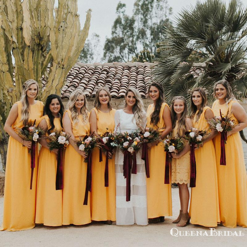 Elegant Charming Yellow Round Neck Sleeveless Long Cheap Wedding Party Bridesmaid Dresses, QB0914