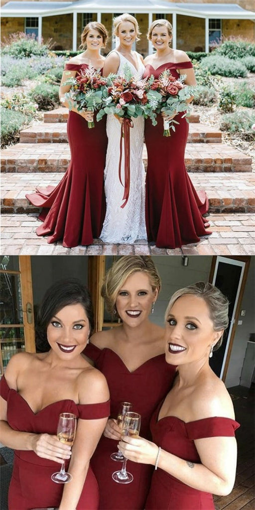 Burgundy Off Shoulder Long Mermaid Cheap Satin Bridesmaid Dresses Online, QB0022