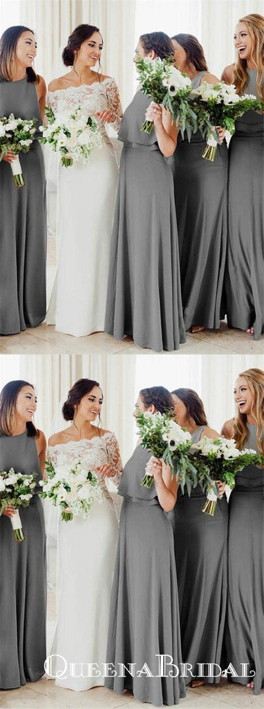 Grey Scoop Neck Sleeveless A Line Long Chiffon Bridesmaid Dresses, QB0673