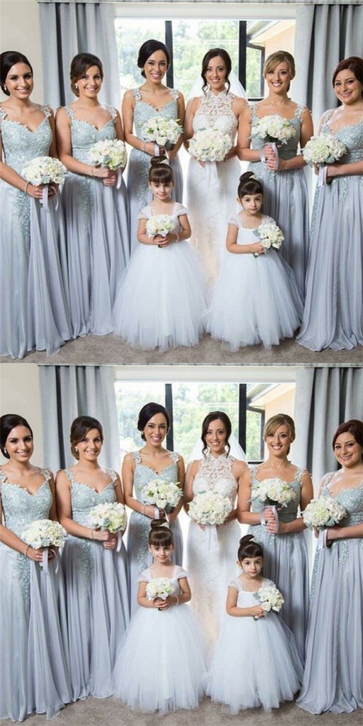 Spaghetti Strap V-Neck  Grey Chiffon Long Cheap Bridesmaid Dresses with Appliques, QB0027