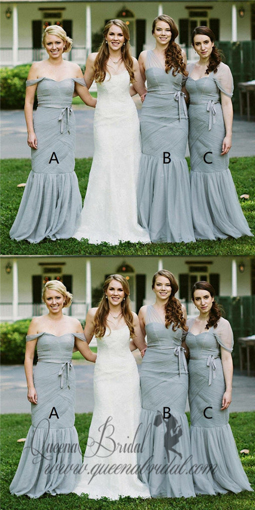 Mismatched Mermaid Off Shoulder Long Sage Bridesmaid Dresses with Sash, TYP0486