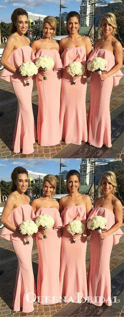 Simple Pink Strapless Sleeveless Long Satin Bridesmaid Dresses, QB0726