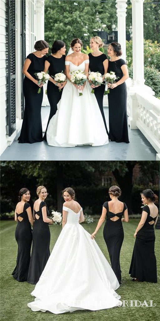 Elegant Black Cap Sleeve Long Cheap Mermaid Bridesmaid Dresses, QB0874