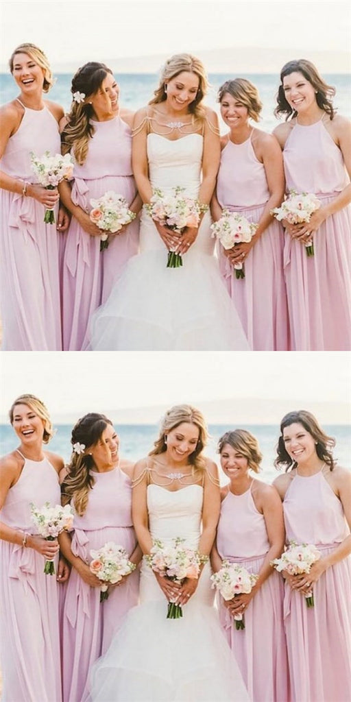 Pretty Round Neck Long Cheap Lilac Chiffon Bridesmaid Dresses with Bow Knot, QB0129