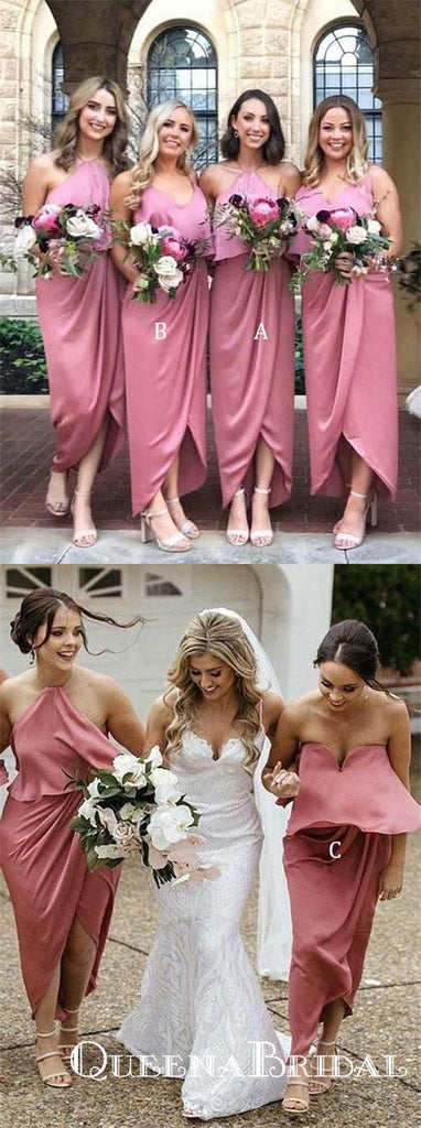 Pink Halter Sleeveless High Low Satin Bridesmaid Dresses With Ruched, QB0679