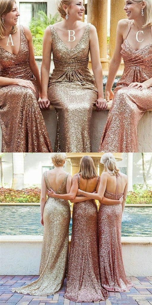 Mismatched Mermaid Deep V-Neck Long Cheap Gold Sequin Bridesmaid Dresses Online, QB0160