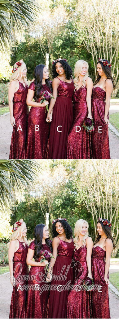 Mismatched Dark Red Sequin Custom Long Bridesmaid Dresses, WG223