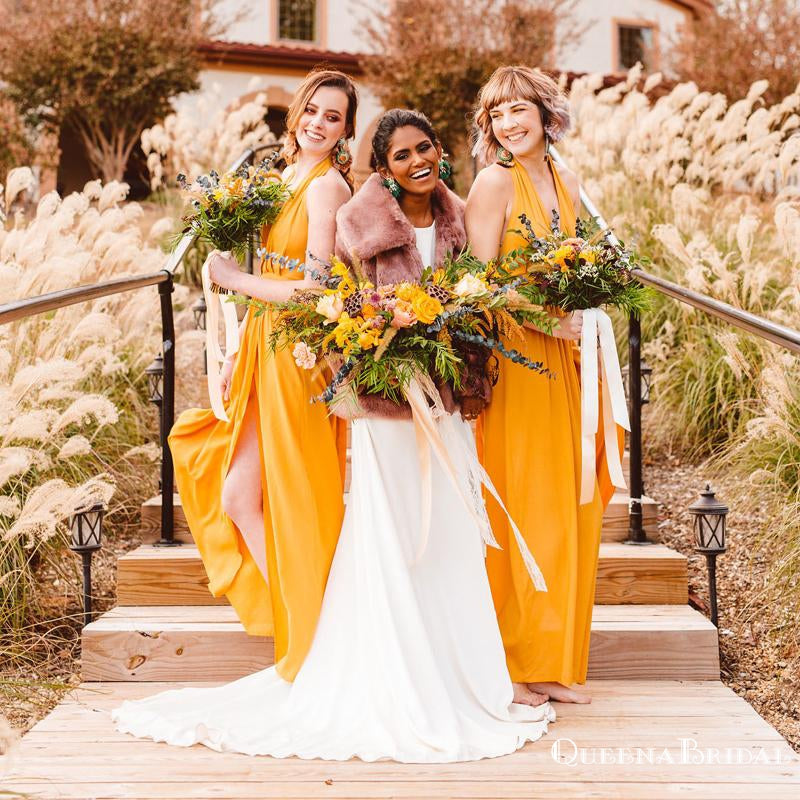 Newest Sexy Charming Deep V-neck Yellow Chiffon Long Cheap Bridesmaid Dresses With Side Slit, QB0920