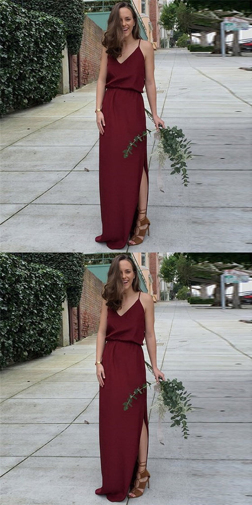 Elegant V-Neck Long Cheap Spaghetti Strap Burgundy Bridesmaid Dresses Online, QB0008