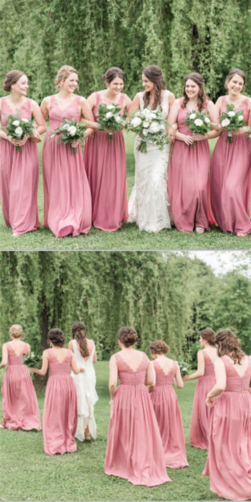 Pretty V-Neck Long Cheap Coral Chiffon Bridesmaid Dresses With Lace, QB0205